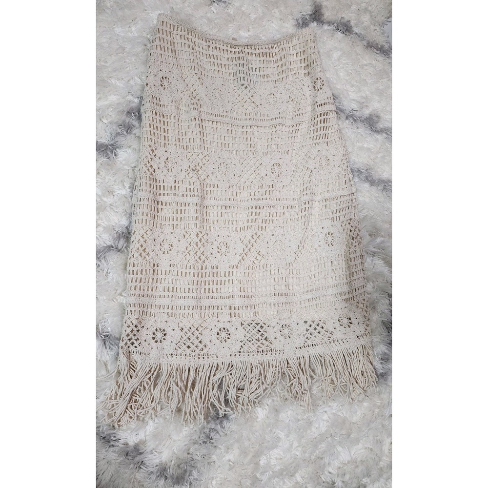 Ivory Crochet Fringe Midi Skirt Zip Closure Lined‎ Straight Pencil Women